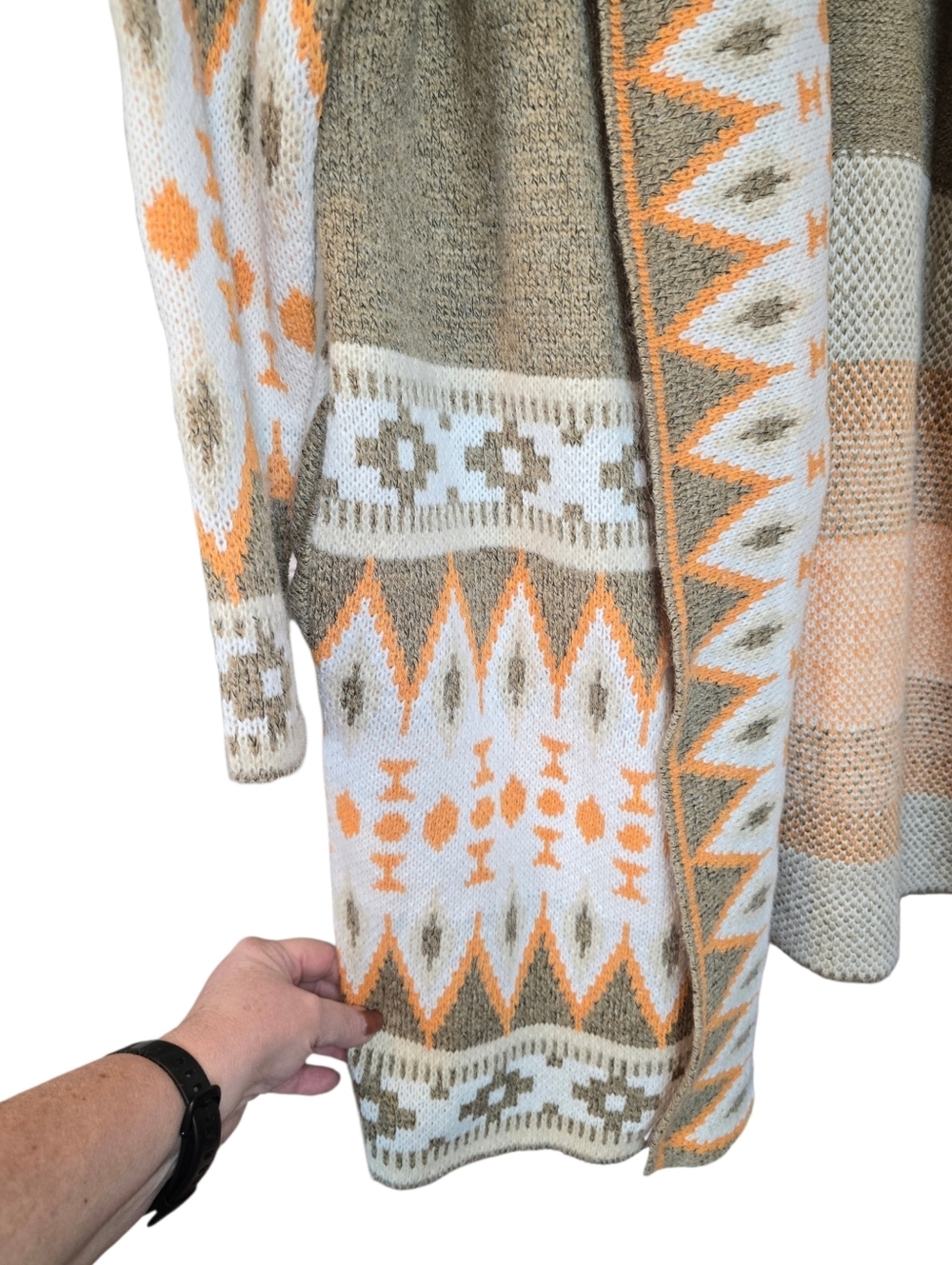 BiBi Aztec Tribal Open Front Cardigan Duster Boho Southwest Orange Taupe Size Sm - Picture 7 of 14